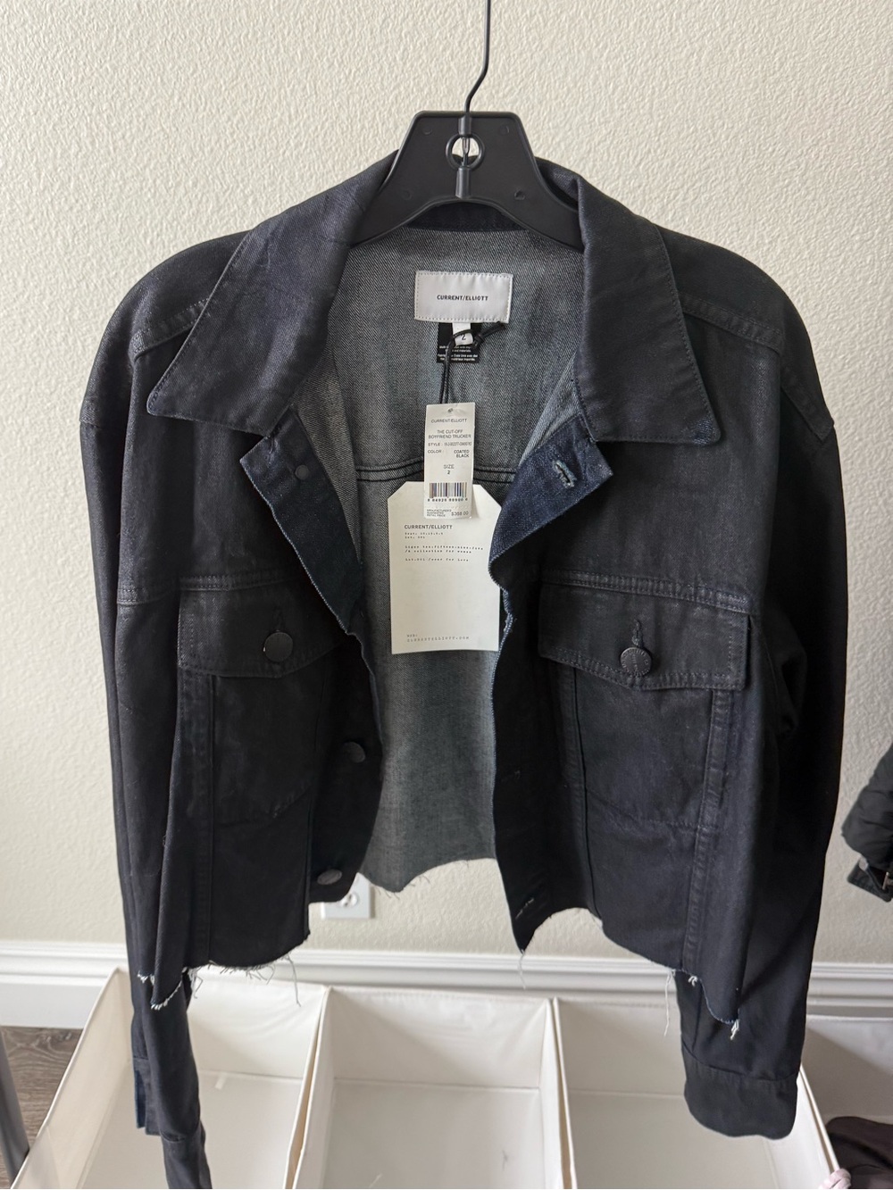 Current/Elliott Fray Hem Coated Black Denim Jacket